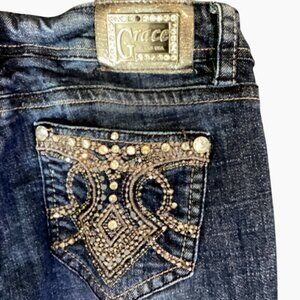 Grace in LA Denim Bootcut Blue Jeans Rhinestone Pockets Jrs Sz 9/30x33 #225N